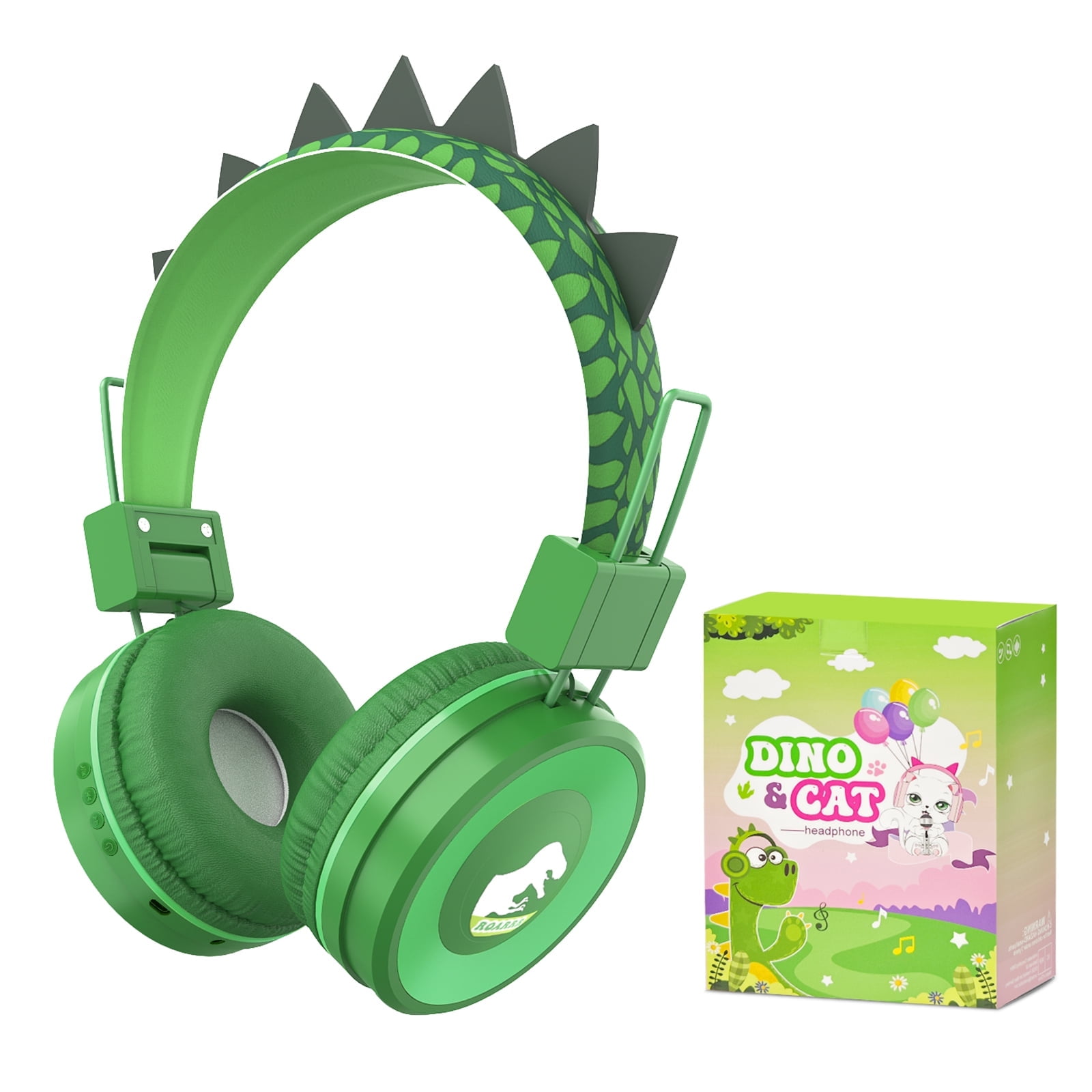 QearFun Dino Headphones for Boys Kids for School,Kids Bluetooth Headphones with Microphone \u0026 3.5mm Jack,Teens Toddlers Wireless Headphones with Adjustable Headband for Tablet/PC/Smartphones-Green